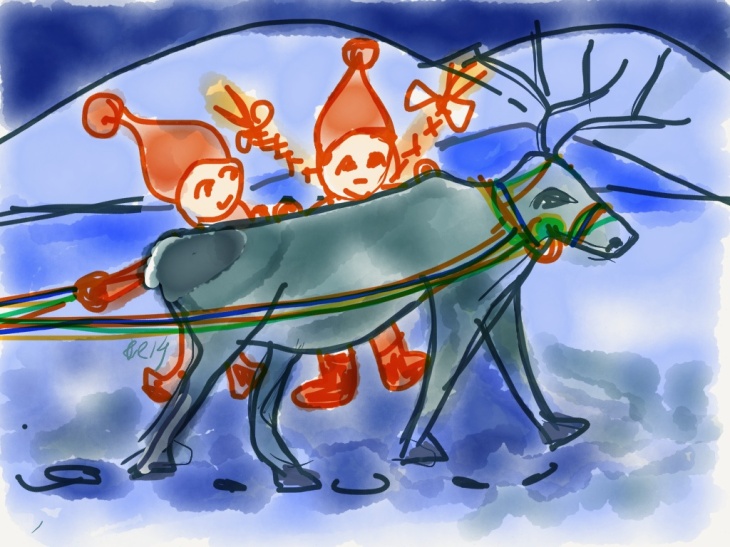 The Elves met Santa Claus´reindeer practicing for Christmas Eve. Drawing by Santa Claus for Christmas Calendar.